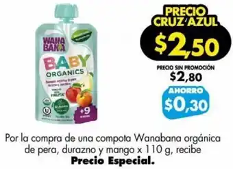 Farmacias Cruz Azul Wanabana Orgánica de pera, Dirazno y Mango 110g oferta