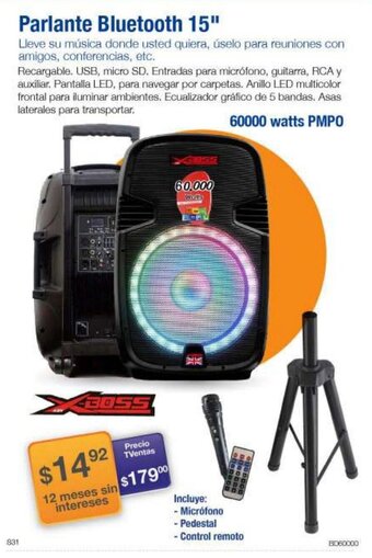 Xboss Parlante Bluetooth 15" 60000 watts