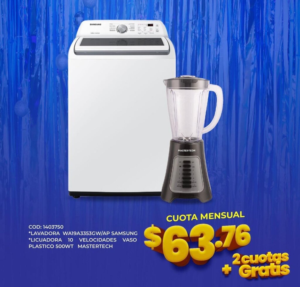 Artefacta Lavadora WA19A3353GW/AP Samsung | Licuadora 10 Velocidades Vaso Plastico 500W Mastertech oferta