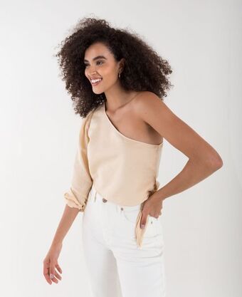 NAF NAF Camisa para mujer amarilla de un solo hombro cropped con detalle anudado oferta