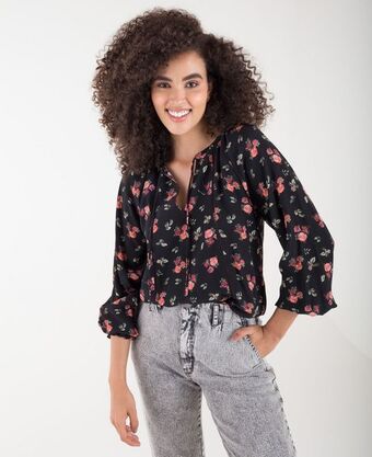 NAF NAF Camisa para mujer negra manga larga con estampado flores y detalles entretejidos oferta