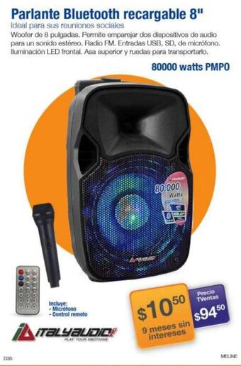 TVentas Parlante Bluetooth recargable 8" 80000 watts PMPO oferta