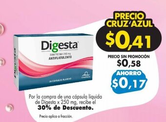 Farmacias Cruz Azul Por la compra de una cápsula líquida de Digesta x 250 mg, recibe el 30% de Descuento. oferta