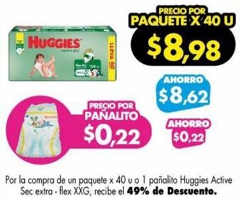 Farmacias Cruz Azul Por la compra de un paquete x 40 u o 1 pañalito Huggies Active Sec extra-flex XXG, recibe el 49% de Descuento. oferta