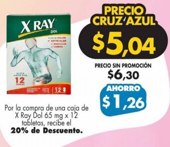 Por la compra de una caja de X Ray Dol 65 mg x 12 tabletas, recibe el 20% de Descuento.