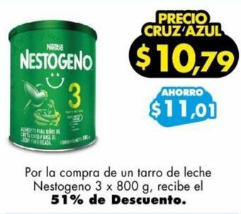 Farmacias Cruz Azul Por la compra de un tarro de leche Nestogeno 3 x 800 g, recibe el 51% de Descuento. oferta