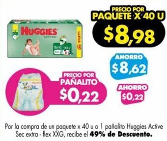 Farmacias Cruz Azul Por la compra de un paquete x 40 u o 1 pañalito Huggies Active Sec extra-flex XXG, recibe el 49% de Descuento. oferta