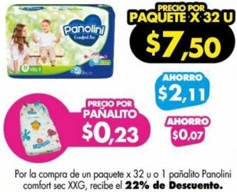 Farmacias Cruz Azul Por la compra de un paquete x 32 u o 1 pañalito Panolini comfort sec XXG, recibe el 22% de Descuento. oferta