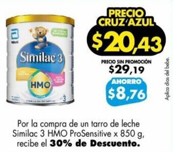 Farmacias Cruz Azul Por la compra de un tarro de leche Similac 3 HMO ProSensitive x 850 g, recibe el 30% de Descuento. oferta
