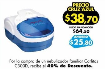 Por la compra de un nebulizador familiar Carlitos C300D, recibe el 40% de Descuento.