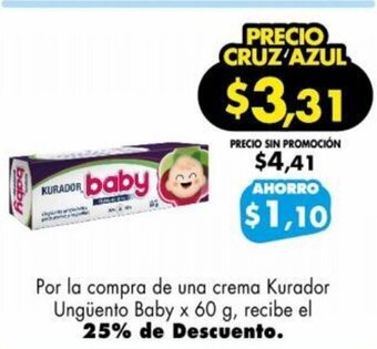 Farmacias Cruz Azul Por la compra de una crema Kurador Ungüento Baby x 60 g, recibe el 25% de Descuento. oferta