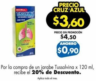 Farmacias Cruz Azul Por la compra de un jarabe Tussolvina x 120 ml, recibe el 20% de Descuento. oferta