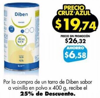 Farmacias Cruz Azul Por la compra de un tarro de Diben sabor a vainilla en polvo x 400 g, recibe el 25% de Descuento. oferta