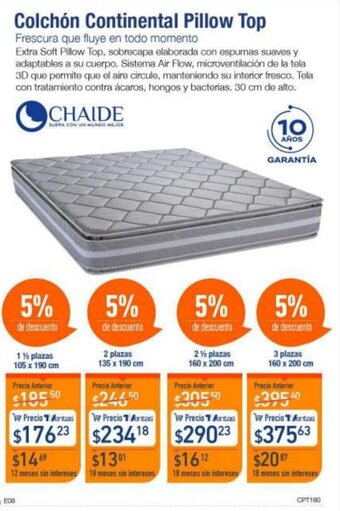 TVentas Colchón Continental Pillow Top 1 ½ plazas 105 x 190 cm oferta