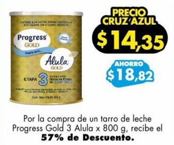 Farmacias Cruz Azul Por la compra de un tarro de leche Progress Gold 3 Alula x 800 g, recibe el 57% de Descuento. oferta