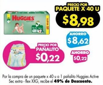 Farmacias Cruz Azul Por la compra de un paquete x 40 u o 1 pañalito Huggies Active Sec extra-flex XXG, recibe el 49% de Descuento. oferta