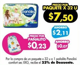 Farmacias Cruz Azul Por la compra de un paquete x 32 u o 1 pañalito Panolini comfort sec XXG, recibe el 22% de Descuento. oferta