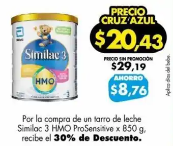 Farmacias Cruz Azul Por la compra de un tarro de leche Similac 3 HMO ProSensitive x 850 g, recibe el 30% de Descuento. oferta