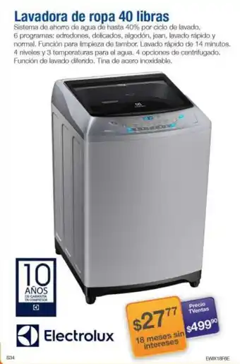 TVentas Lavadora de ropa 40 libras Electrolux oferta