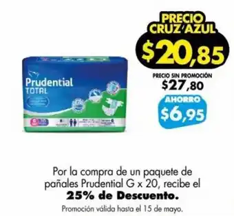 Farmacias Cruz Azul Por la compra de un paquete de pañales Prudential G x 20, recibe el 25% de Descuento. oferta