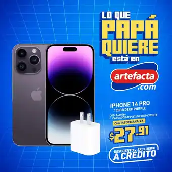 Artefacta IPHONE 14 PRO 128GB DEEP PURPLE * CARGADOR APPLE 20W USB-C WHITE CUOTAS SEMANALES oferta