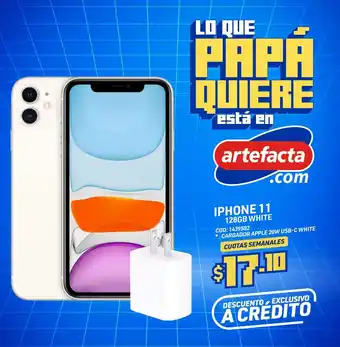 Artefacta IPHONE 11 128GB WHITE * CARGADOR APPLE 20W USB-C WHITE CUOTAS SEMANALES oferta