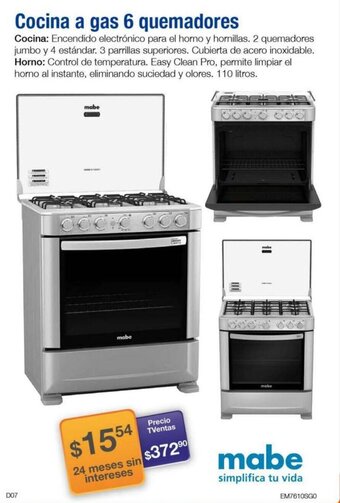 TVentas mabe Cocina a gas 6 quemadores oferta
