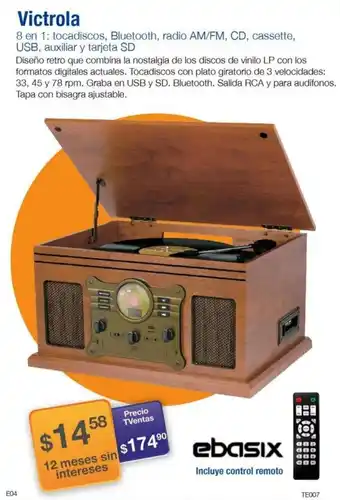 TVentas ebasix Victrola 8 en 1: tocadiscos, Bluetooth, radio AM/FM, CD, cassette, USB, auxiliar y tarjeta SD oferta