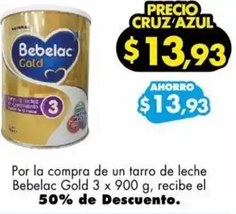 Farmacias Cruz Azul Por la compra de un tarro de leche Bebelac Gold 3 x 900 g, recibe el 50% de Descuento. oferta