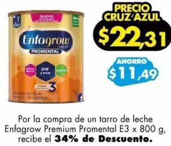 Farmacias Cruz Azul Por la compra de un tarro de leche Enfagrow Premium Promental E3 x 800 g, recibe el 34% de Descuento. oferta