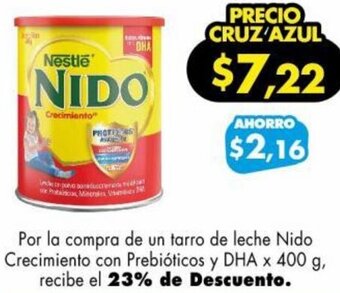 Farmacias Cruz Azul Por la compra de un tarro de leche Nido Crecimiento con Prebióticos y DHA x 400 g, recibe el 23% de Descuento. oferta