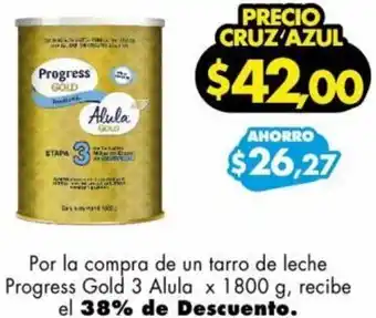 Farmacias Cruz Azul Por la compra de un tarro de leche Progress Gold 3 Alula x 1800 g, recibe el 38% de Descuento. oferta