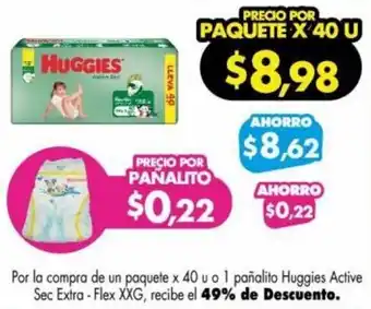 Farmacias Cruz Azul Por la compra de un paquete x 40 u o 1 pañalito Huggies Active Sec Extra -Flex XXG, recibe el 49% de Descuento. oferta