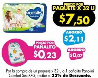 Farmacias Cruz Azul Por la compra de un paquete x 32 u o 1 pañalito Panolini Comfort Sec XXG, recibe el 22% de Descuento. oferta