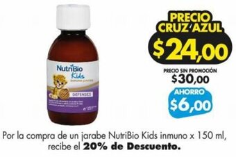 Farmacias Cruz Azul Por la compra de un jarabe NutriBio Kids inmuno x 150 ml, recibe el 20% de Descuento. oferta