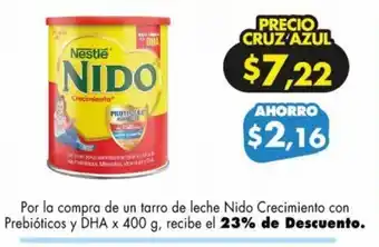 Farmacias Cruz Azul Por la compra de un tarro de leche Nido Crecimiento con Prebióticos y DHA x 400 g, recibe el 23% de Descuento. oferta
