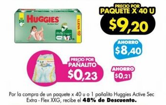 Farmacias Cruz Azul Por la compra de un paquete x 40 u o 1 pañalito Huggies Active Sec Extra-Flex XXG, recibe el 48% de Descuento. oferta
