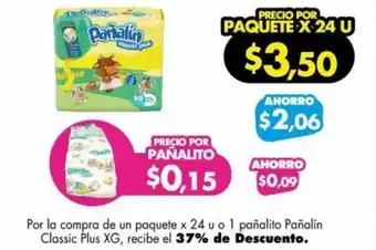Farmacias Cruz Azul Por la compra de un paquete x 24 u o 1 pañalito Pañalín Classic Plus XG, recibe el 37% de Descuento. oferta