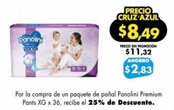 Farmacias Cruz Azul Por la compra de un paquete de pañal Panolini Premium Pants XG x 36, recibe el 25% de Descuento. oferta
