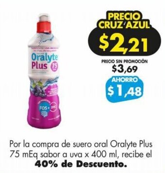 Farmacias Cruz Azul Por la compra de suero oral Oralyte Plus 75 mEq sabor a uva x 400 ml, recibe el 40% de Descuento. oferta