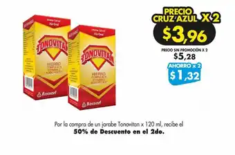 Farmacias Cruz Azul Por la compra de un jarabe Tonovitan x 120 ml, recibe el 50% de Descuento en el 2do. oferta