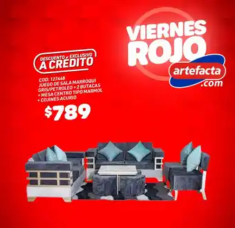 Artefacta JUEGO DE SALA MARROQUI GRIS/PETROLEO + 2 BUTACAS + MESA CENTRO TIPO MARMOL + COJINES ACURIO oferta