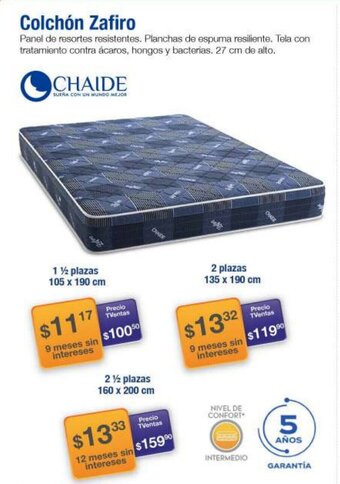 TVentas CHAIDE Colchón Zafiro 1 ½ plazas 105 x 190 cm oferta