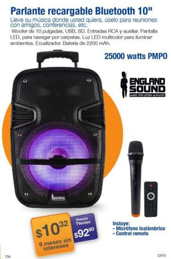 TVentas ENGLAND SOUND Parlante recargable Bluetooth 10" oferta