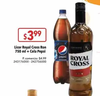 Tia Licor royal cross ron 750 ml + cola pepsi oferta
