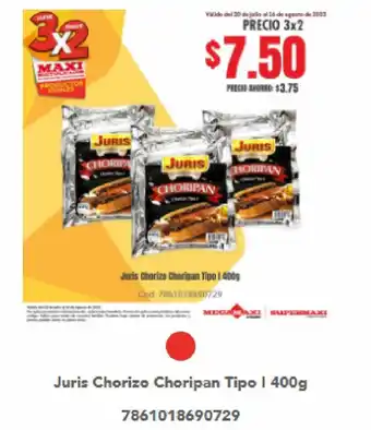 Supermaxi Juris Chorizo Choripan Tipo 1 400g oferta