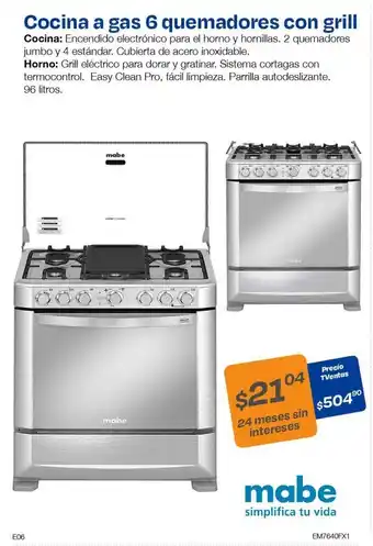 TVentas Cocina a gas 6 quemadores con grill mabe oferta