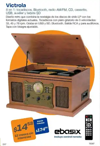 TVentas Victrola 8 en 1: tocadiscos, Bluetooth, radio AM/FM, CD, cassette, USB, auxiliar y tarjeta SD ebasix oferta