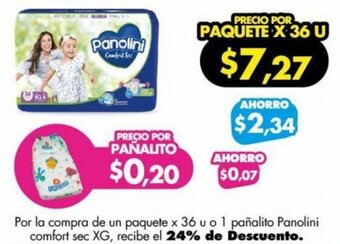 Farmacias Cruz Azul Por la compra de un paquete x 36 u o 1 pañalito Panolini comfort sec XG, recibe el 24% de Descuento. oferta