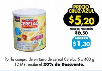 Farmacias Cruz Azul Por la compra de un tarro de cereal Cerelac 5 x 400 g 12 M+, recibe el 20% de Descuento. oferta